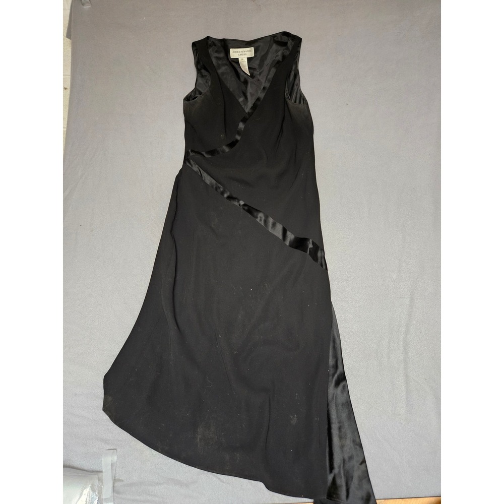 Jones New York Dress Black Sleeveless Satin Trim Asymmetrical Gown Size 14